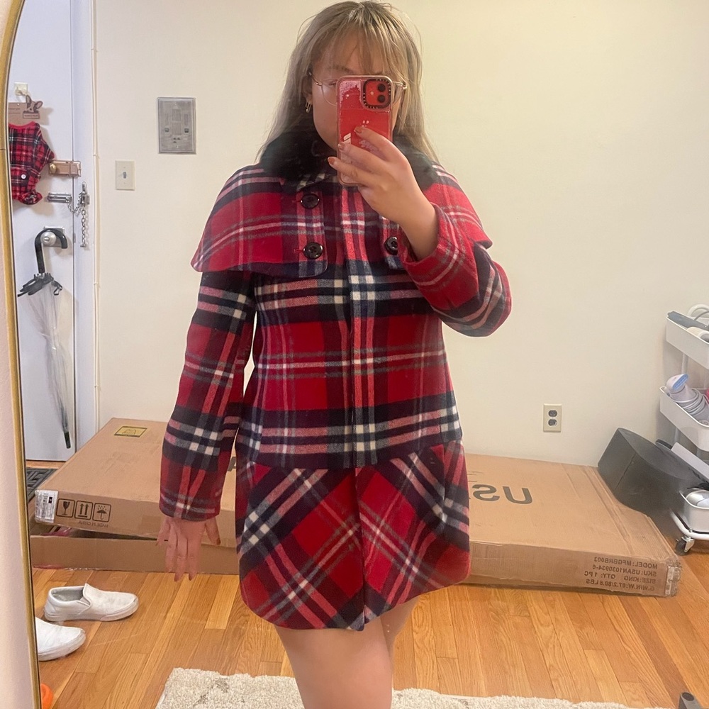 E-Land Plaid coat with fur trim - S